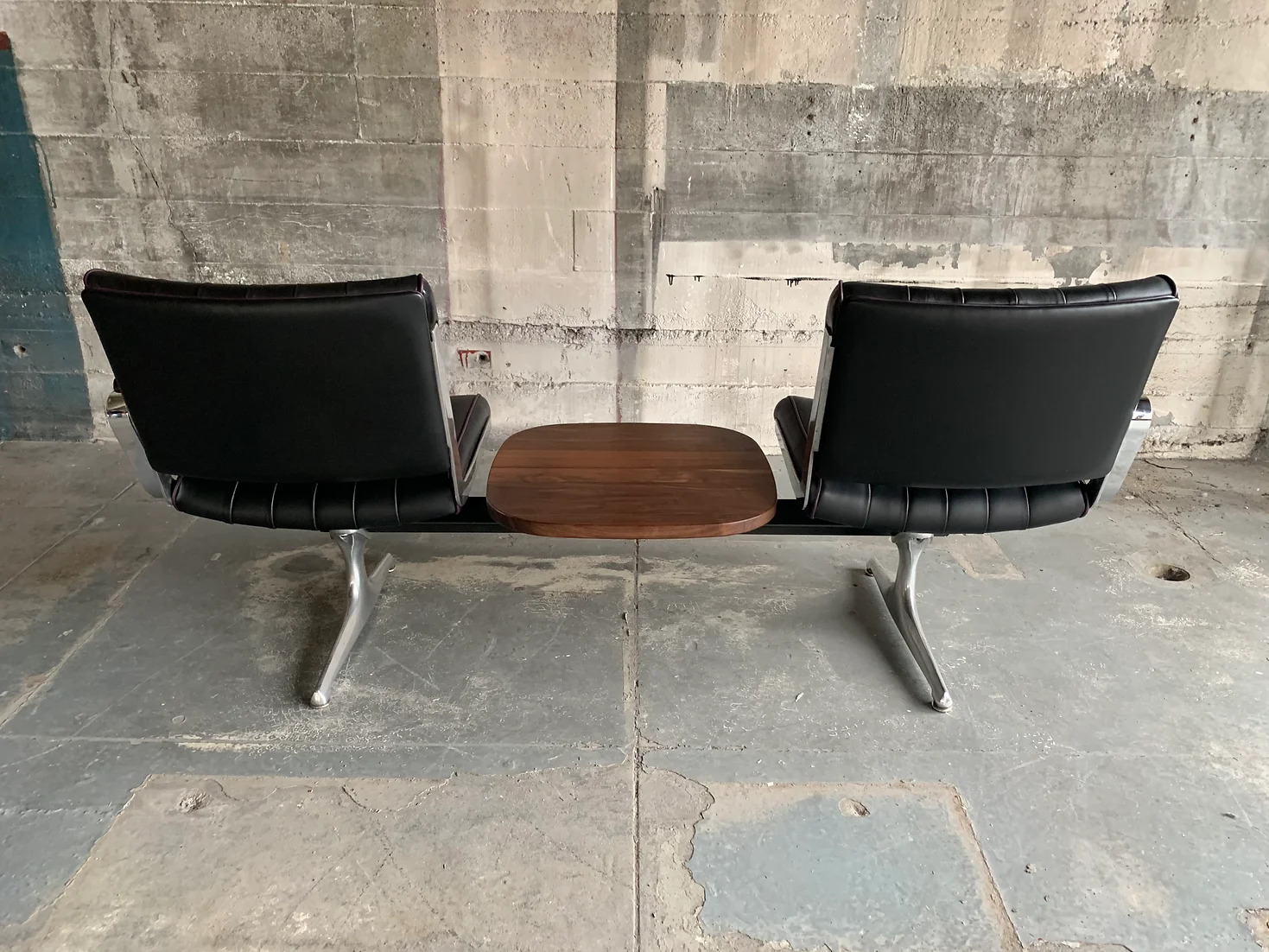 Black Grapevine Langlitz Leather Studio Couch with Black Walnut Table