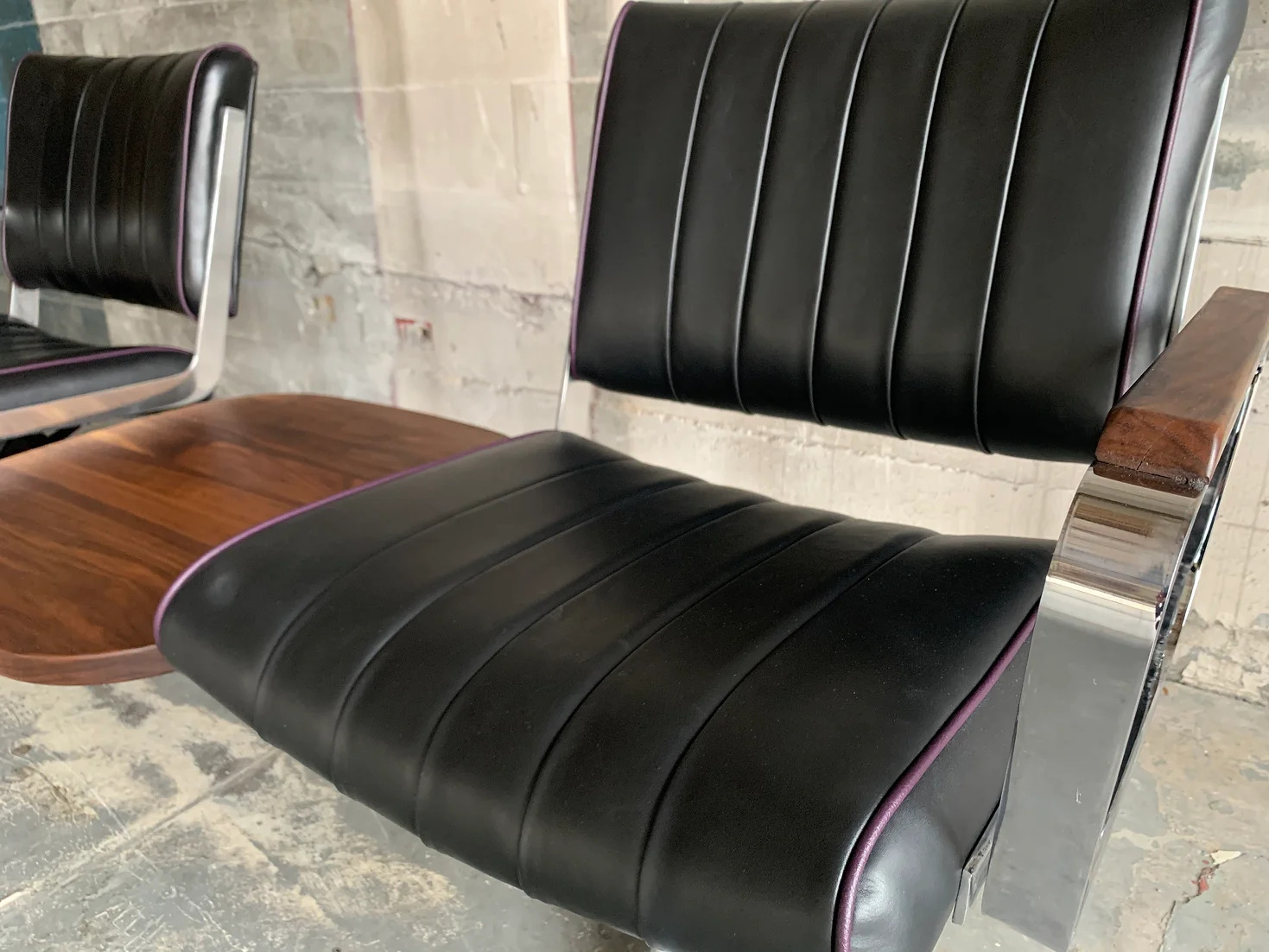 Black Grapevine Langlitz Leather Studio Couch with Black Walnut Table