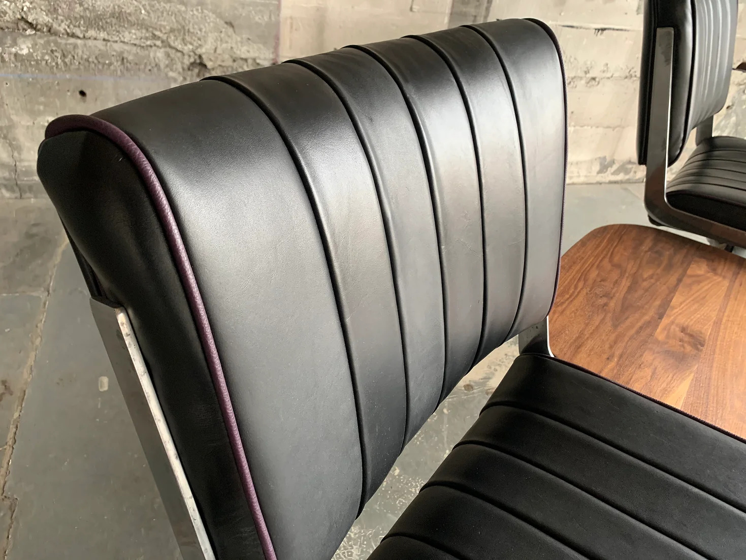 Black Grapevine Langlitz Leather Studio Couch with Black Walnut Table