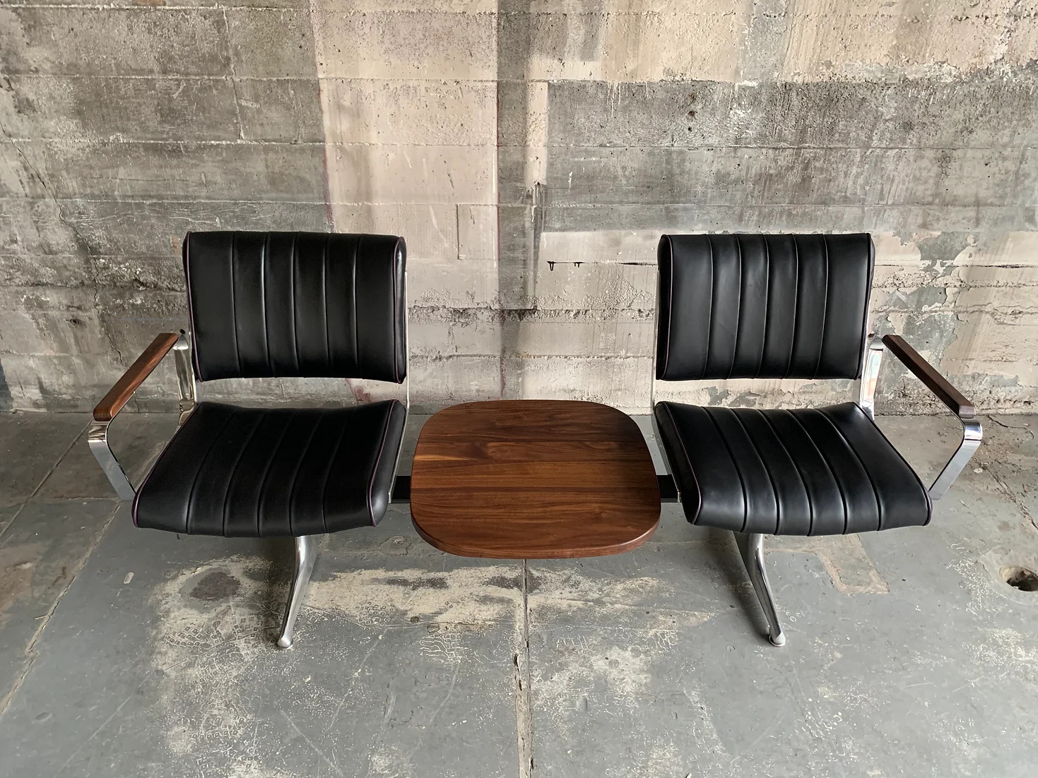 Black Grapevine Langlitz Leather Studio Couch with Black Walnut Table