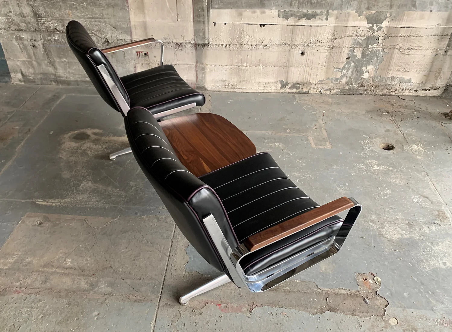 Black Grapevine Langlitz Leather Studio Couch with Black Walnut Table