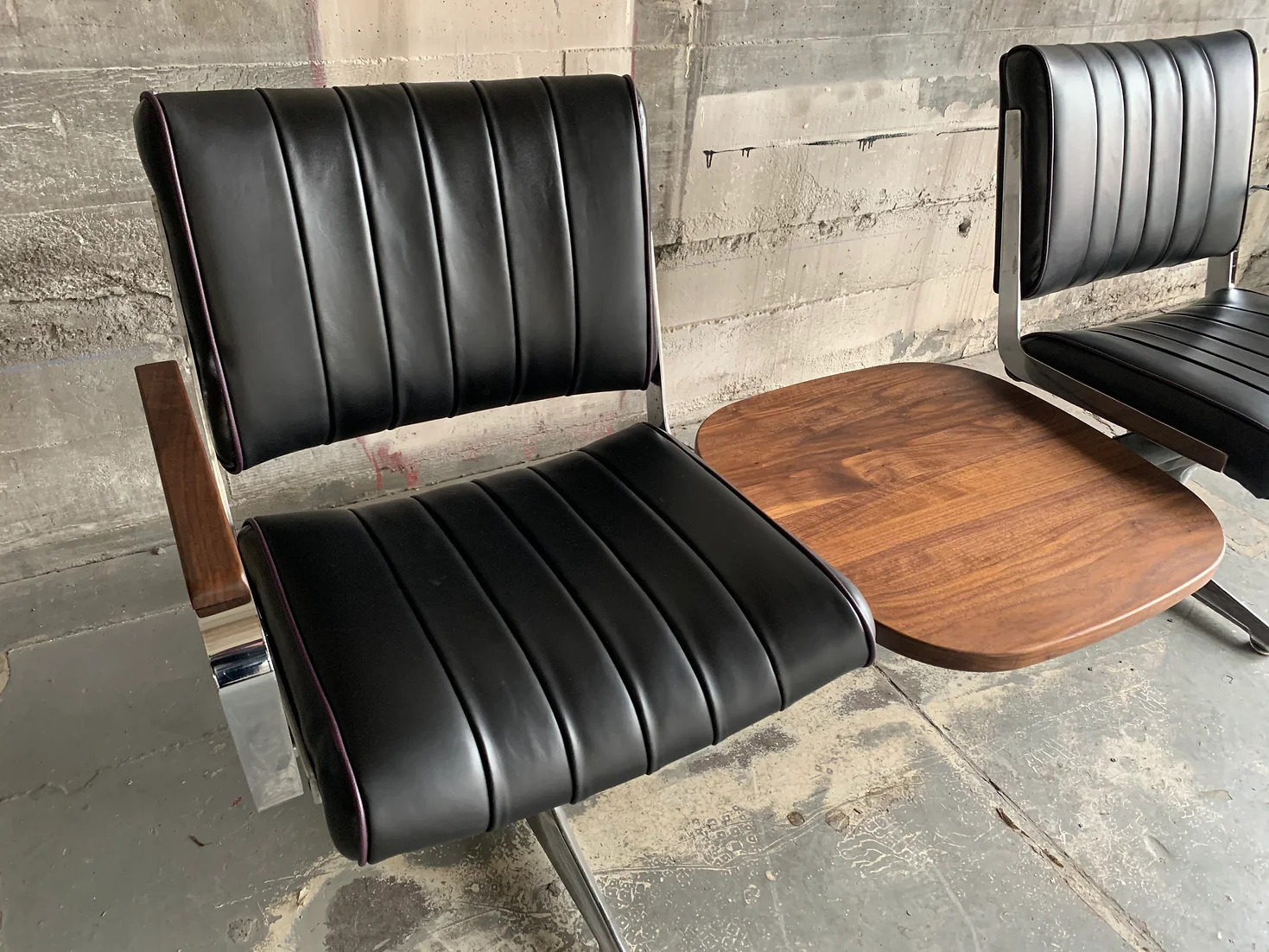Black Grapevine Langlitz Leather Studio Couch with Black Walnut Table