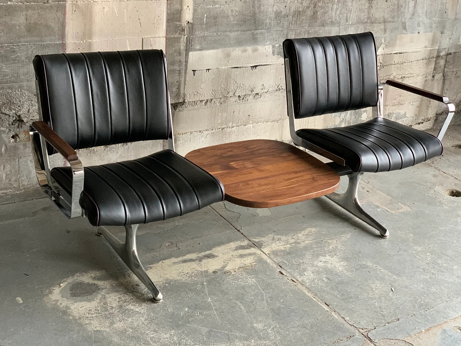 Black Grapevine Langlitz Leather Studio Couch with Black Walnut Table