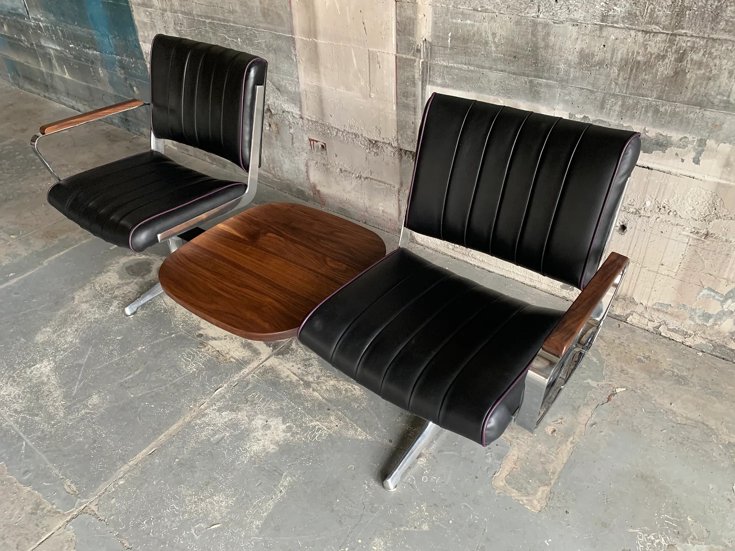 Black Grapevine Langlitz Leather Studio Couch with Black Walnut Table