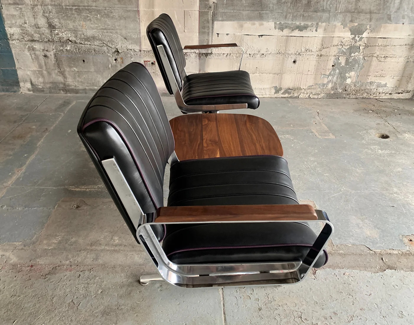 Black Grapevine Langlitz Leather Studio Couch with Black Walnut Table