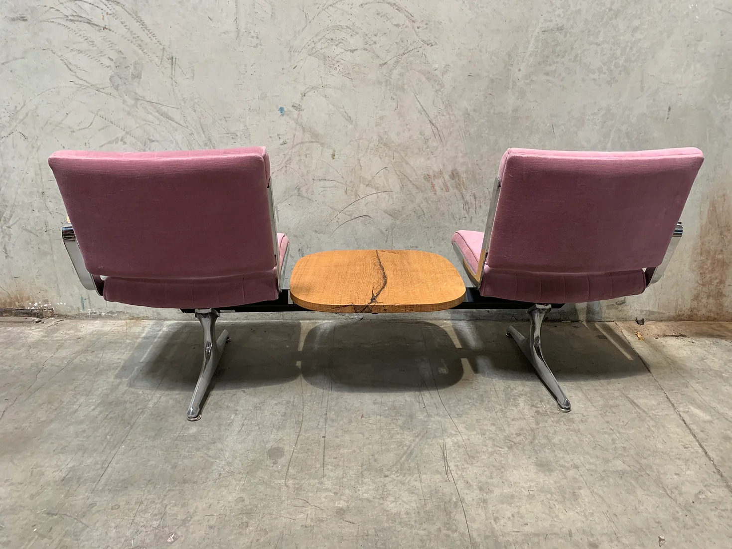 Cascadia Pink Velvet Studio Couch with White Oak Table