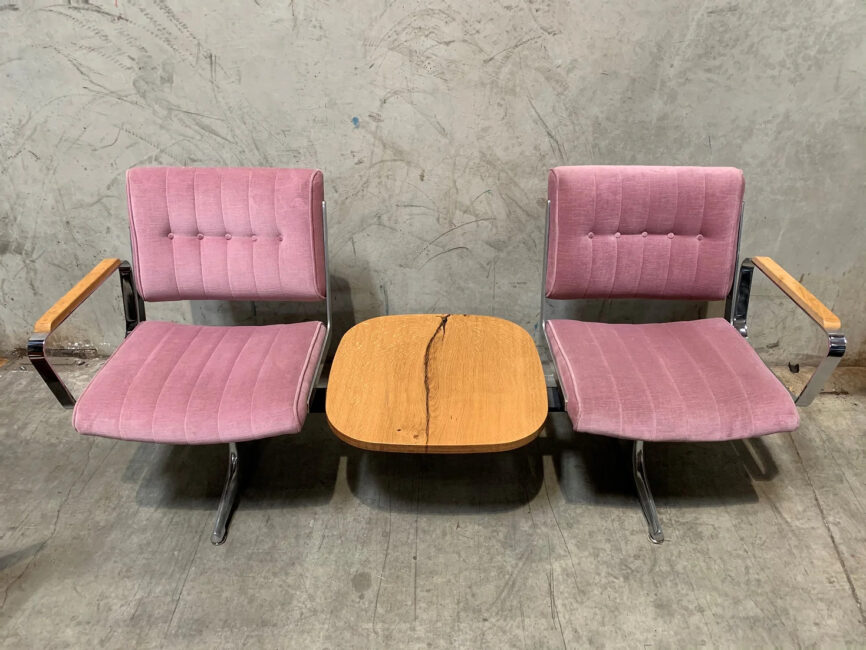 Cascadia Pink Velvet Studio Couch with White Oak Table