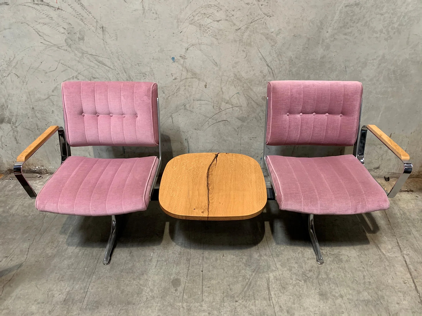 Cascadia Pink Velvet Studio Couch with White Oak Table
