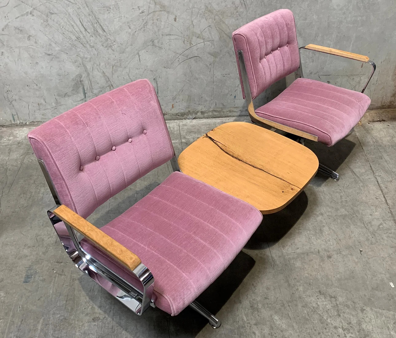 Cascadia Pink Velvet Studio Couch with White Oak Table