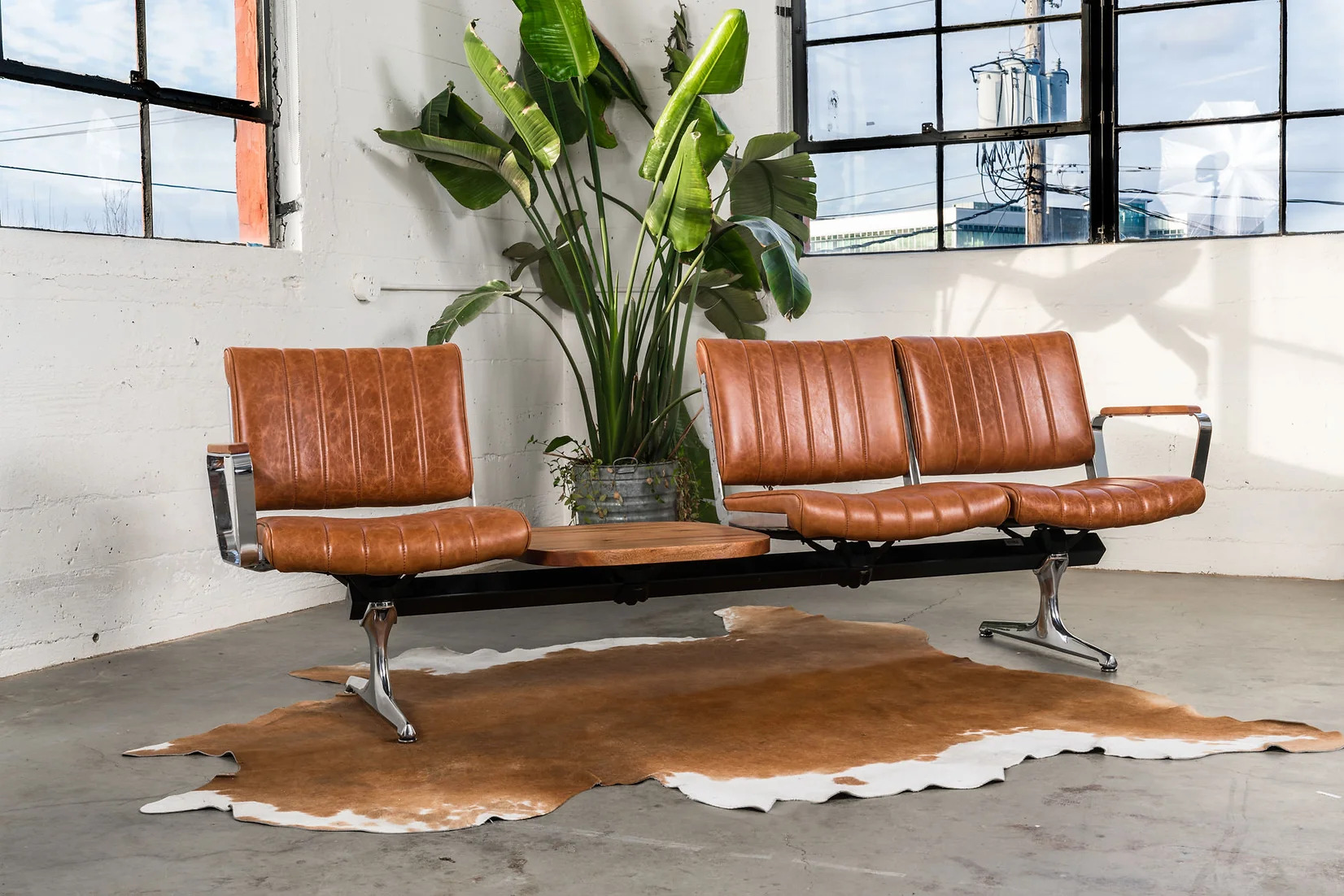 Hawthorne Brown Leather Studio Sofa with Table